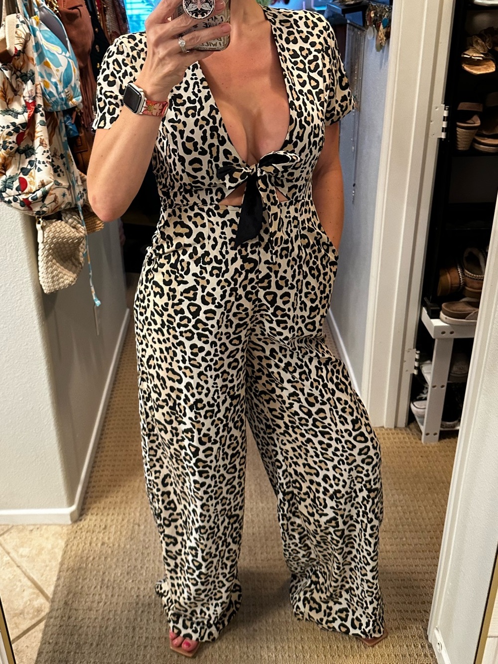 Volcom Leopard Print Wide Leg Jumpsuit Tie Front Size Small
